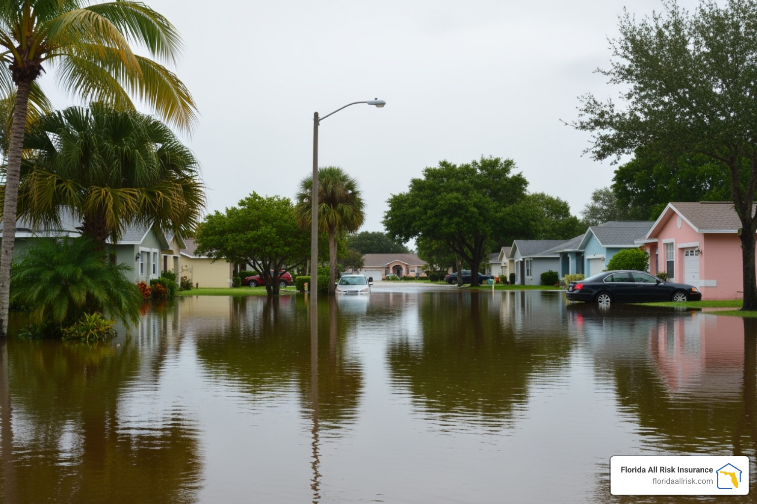 flooded street in a typical Florida suburban neighborhood - Flood insurance coverage Florida