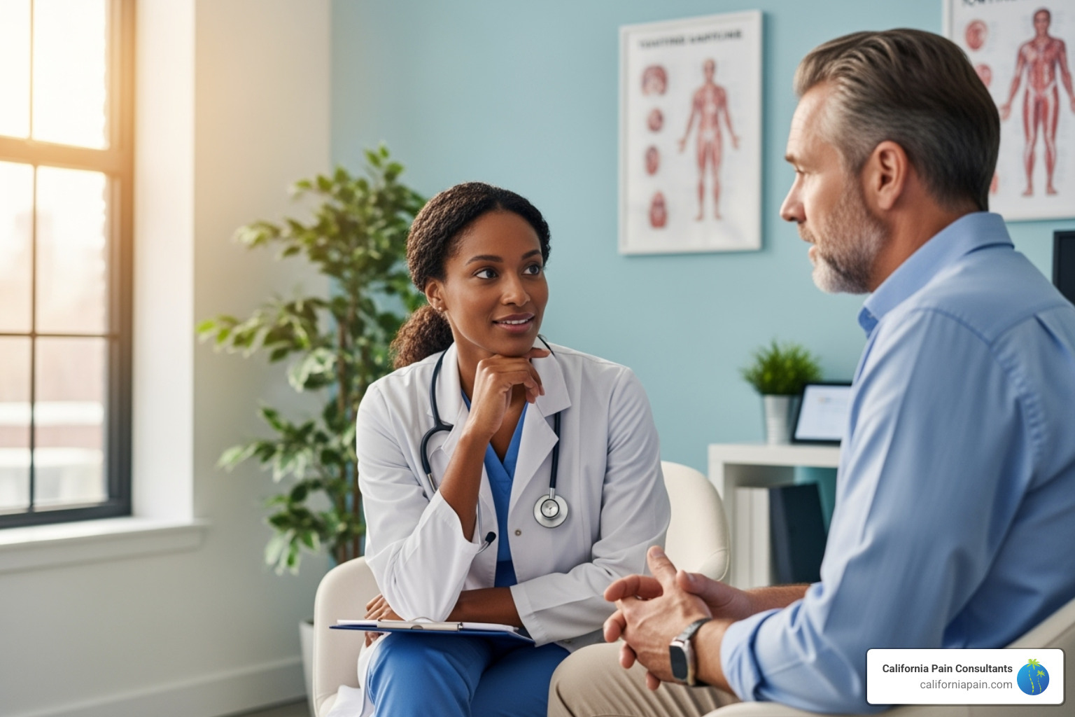 doctor listening to patient - chronic pain syndrome