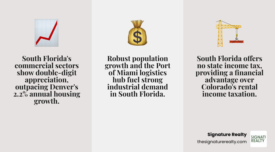 Infographic comparing Miami vs Denver real estate investment metrics including median commercial property prices, job growth rates, key industries, industrial vacancy rates, and population growth trends - Real estate investment opportunities Denver infographic 3_facts_emoji_grey
