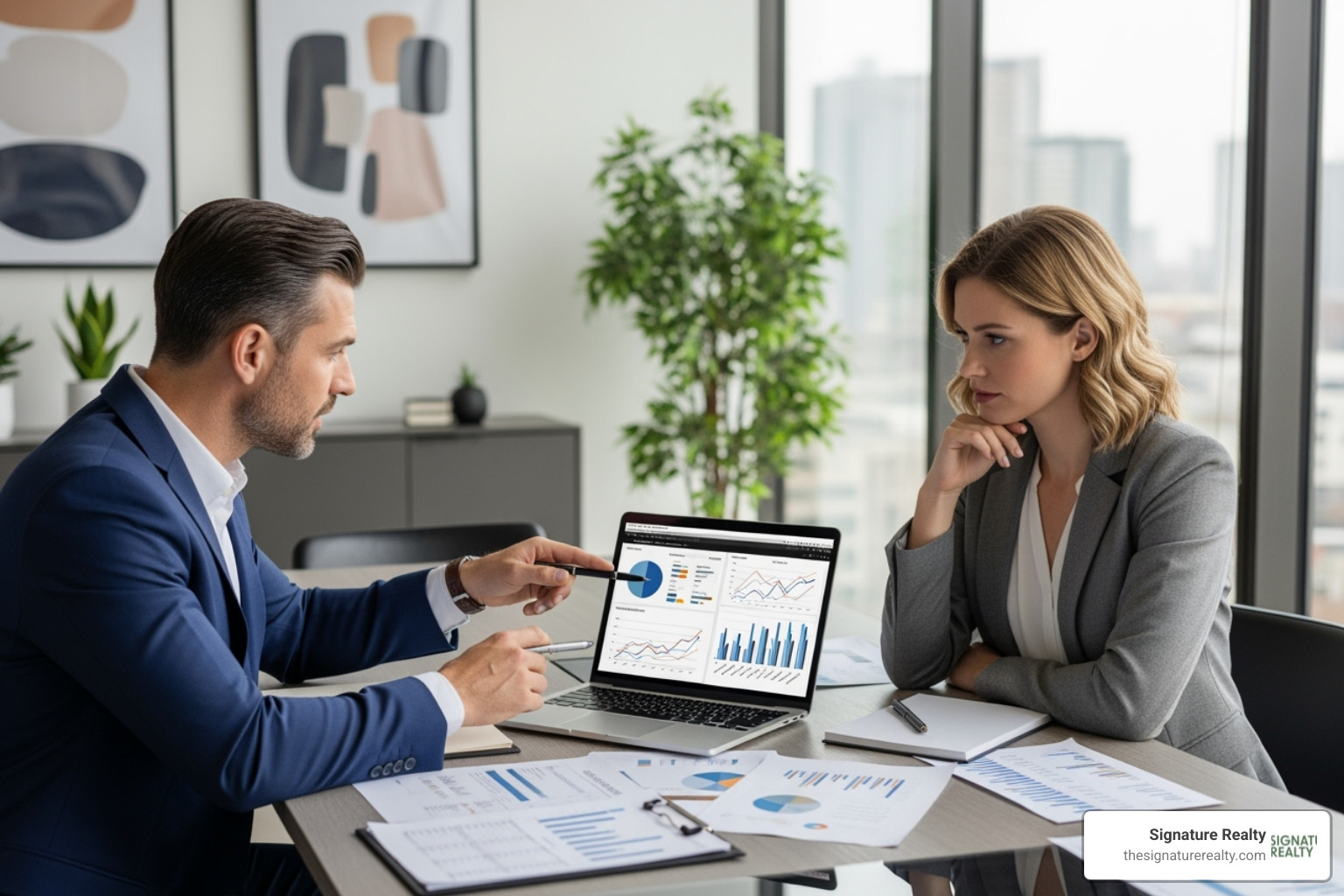 of a real estate strategy session or a professional analyzing data - Real estate investment opportunities Denver
