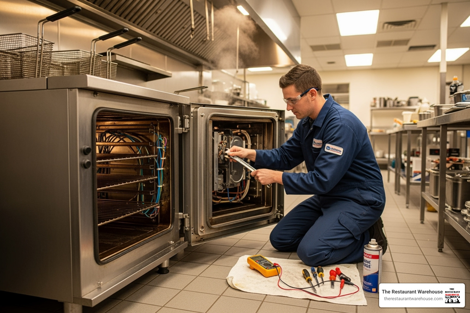 technician performing maintenance on an electric oven - electric catering oven
