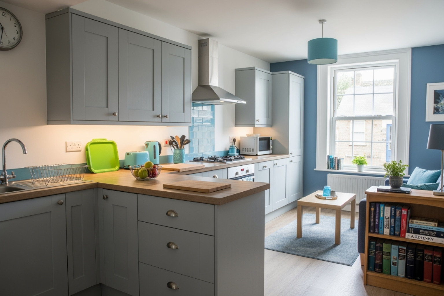 A well-organized and inviting guest house interior, showing a compact but fully functional kitchen area with modern appliances and ample counter space, seamlessly blending into a cozy living area furnished with a comfortable sofa, a small coffee table, and a bookshelf filled with academic texts. The space is bright and airy, with a large window offering natural light, reflecting the brand colors of blue and green in subtle accents. - 1 bedroom guest house for rent