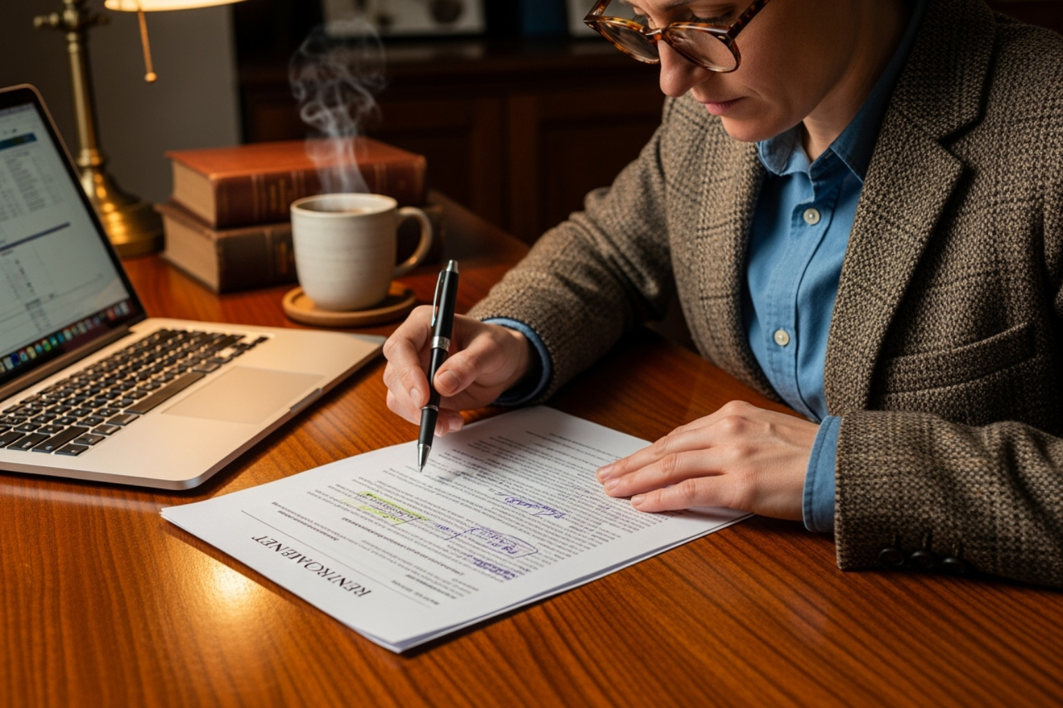 A person with an academic appearance, wearing glasses and holding a pen, carefully reviewing a rental agreement document spread out on a wooden desk. A laptop is open nearby, and a cup of tea sits beside it, suggesting a focused and studious environment. - 1 bedroom guest house for rent