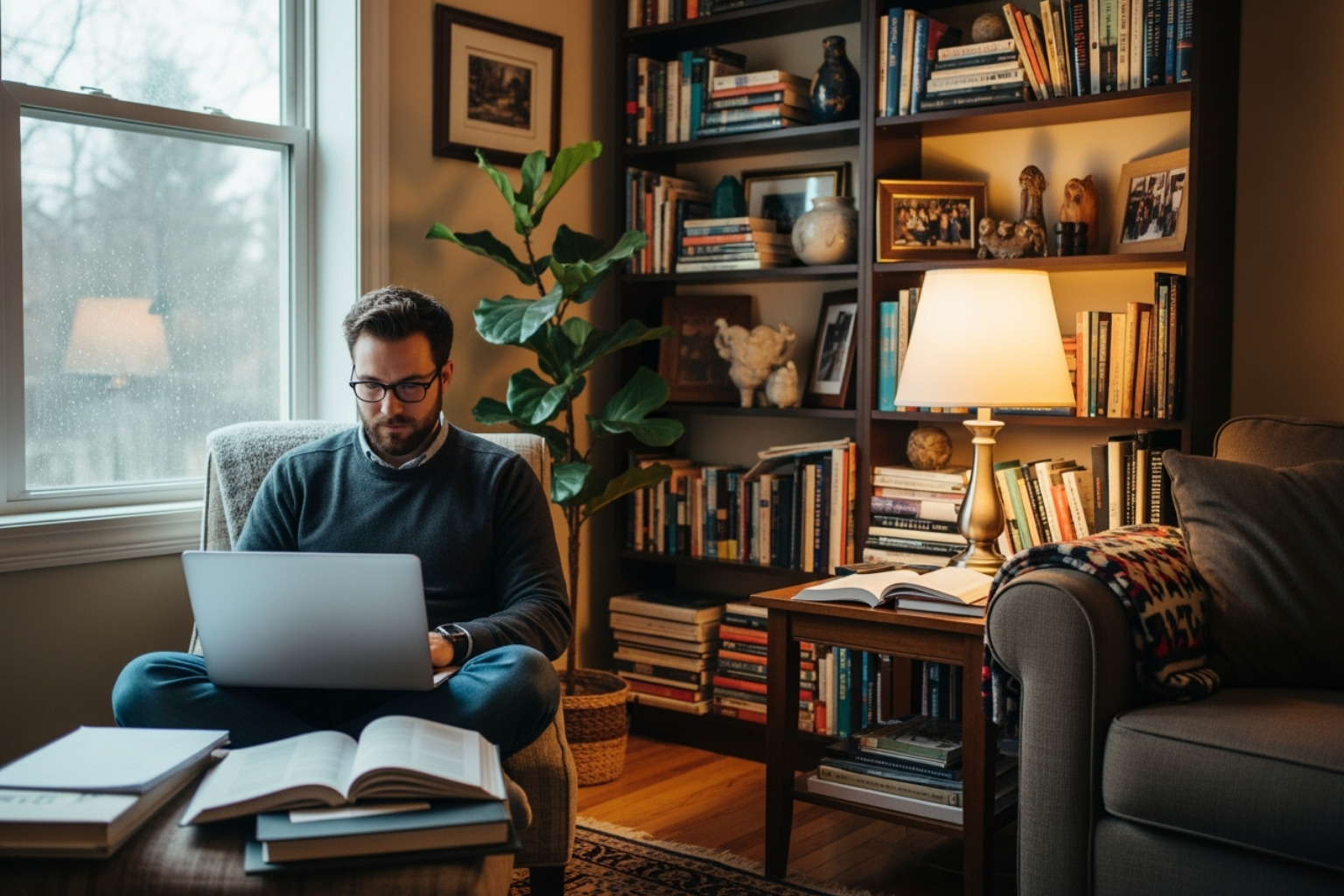 A scholar, appearing focused and content, working on a laptop in a cozy, well-lit guest house living room. Bookshelves filled with books and personal touches create a warm, inviting atmosphere. - 1 bedroom guest house for rent