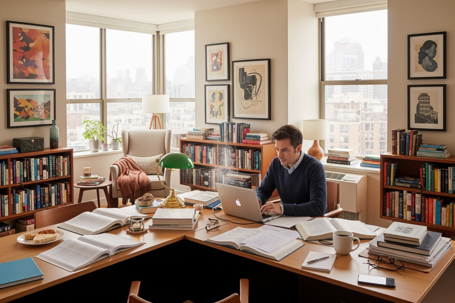 A scholar working productively at a well-lit desk in a spacious, modern temporary furnished apartment, surrounded by bookshelves and natural light. - temporary furnished apartments