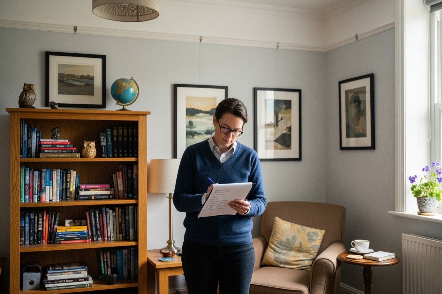 A person diligently reviewing a checklist while inspecting a well-maintained, furnished apartment, ensuring all details meet their requirements. - temporary furnished apartments