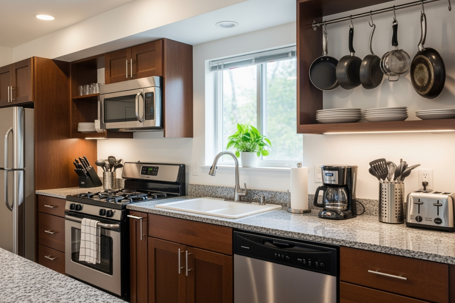 A fully equipped, clean kitchen in a temporary rental, featuring modern appliances, granite countertops, and neatly organized kitchenware. - temporary furnished apartments