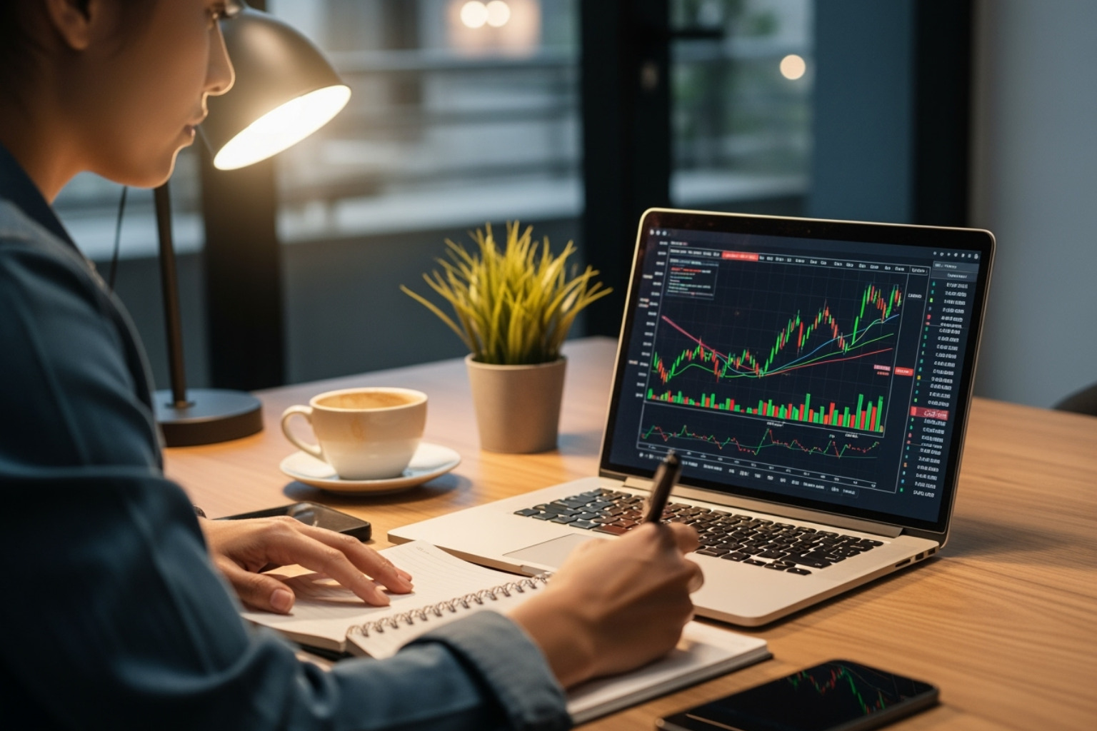 A person at a desk, looking at a laptop screen with financial charts, while simultaneously taking notes in a physical notebook, emphasizing cross-referencing and personal due diligence - 5starsstocks.com stocks