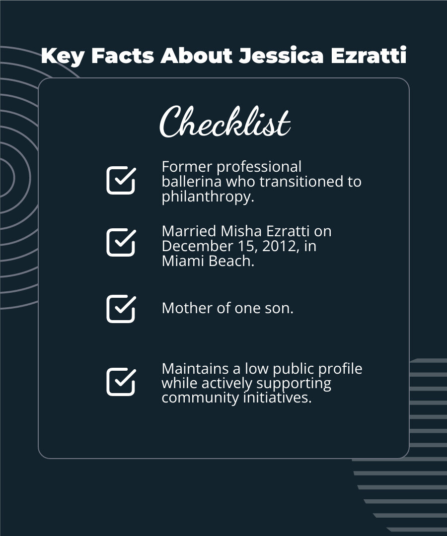 Key Facts About Jessica Ezratti: Former professional ballerina who transitioned to philanthropy, married Misha Ezratti in December 2012 in Miami Beach, mother of one son, maintains low public profile while actively supporting GL Homes community initiatives, believes in holistic approach to charitable work with ripple effect philosophy - misha ezratti wife infographic checklist-dark-blue