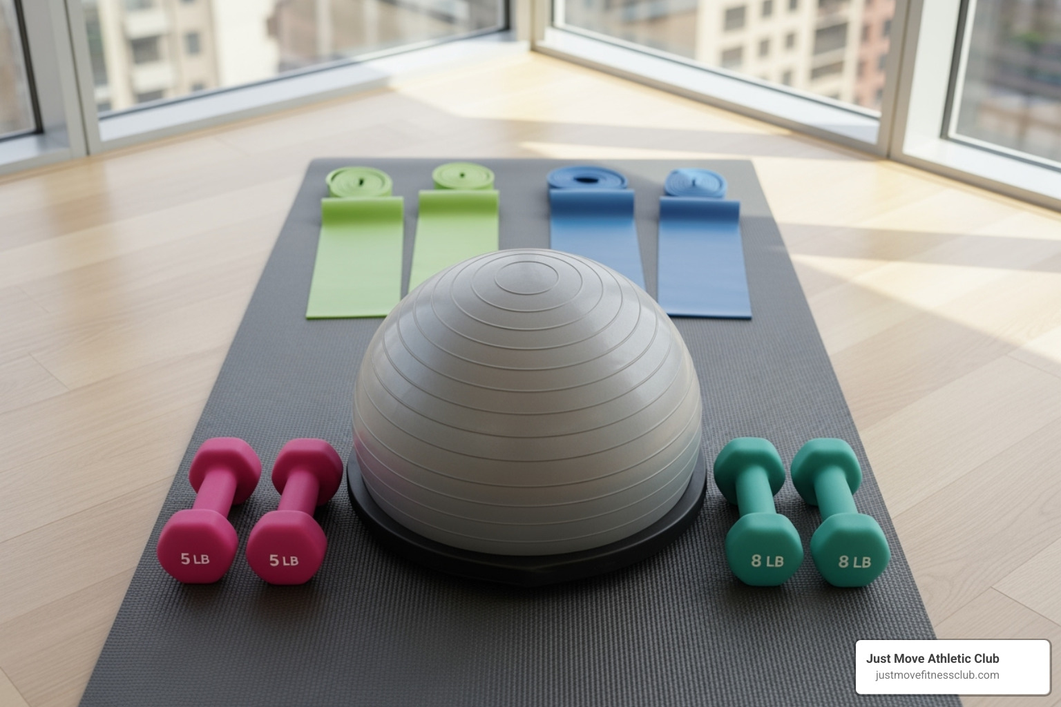 common sculpt class equipment like dumbbells, bands, and a stability ball laid out on a mat - sculpt and tone class