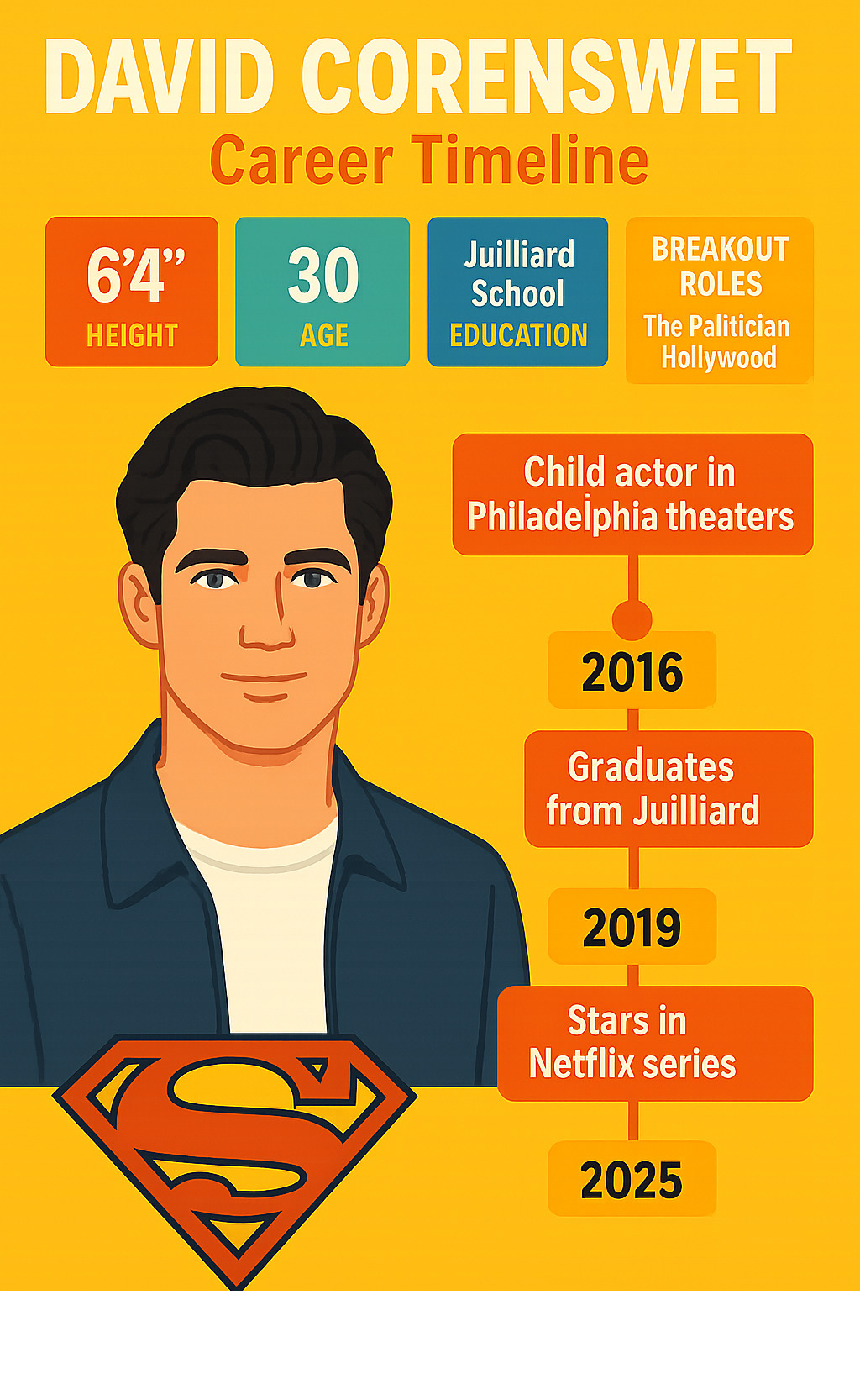 Infographic showing David Corenswet's career timeline from child actor in Philadelphia theaters to Juilliard graduate to Netflix star to Superman, with key statistics including his height, age, education, and major roles in The Politician and Hollywood leading to his casting as Clark Kent in the 2025 Superman film - david corenswet infographic 