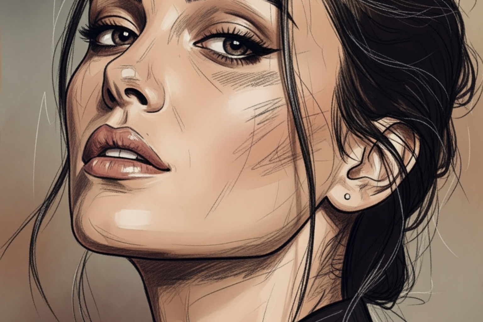 A stylized portrait of Monica Barbaro highlighting her distinctive features, possibly with a sketch overlay - monica barbaro