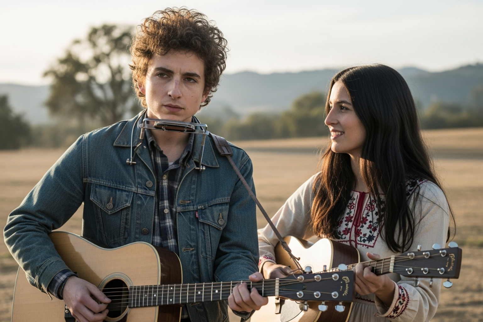 Timothée Chalamet as Bob Dylan and Monica Barbaro as Joan Baez in 'A Complete Unknown' - monica barbaro movies and tv shows