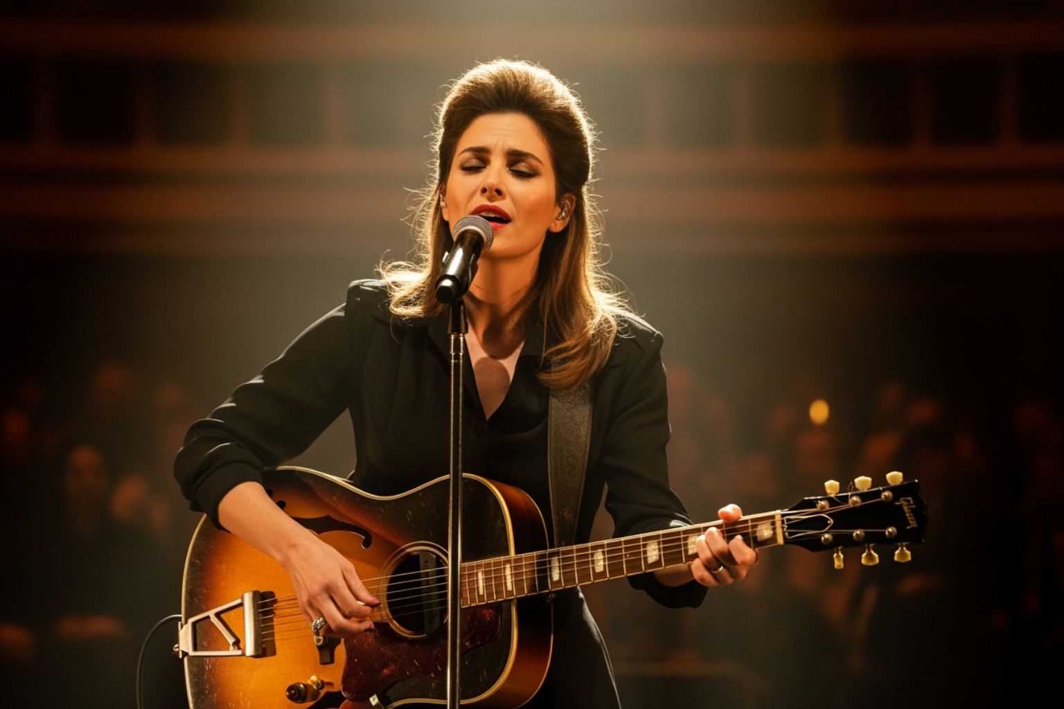 Monica Barbaro portraying a music icon, holding a guitar and singing. - monica barbaro