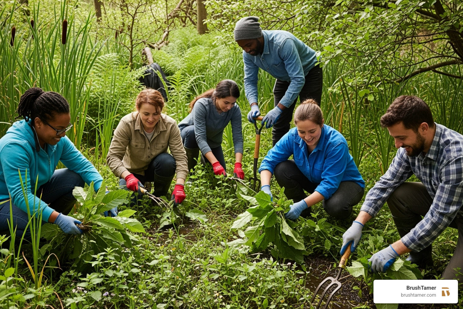 of a team selectively removing invasive species by hand in a sensitive area - environmentally friendly land clearing of a team selectively removing invasive species by hand in a sensitive area - environmentally friendly land clearing