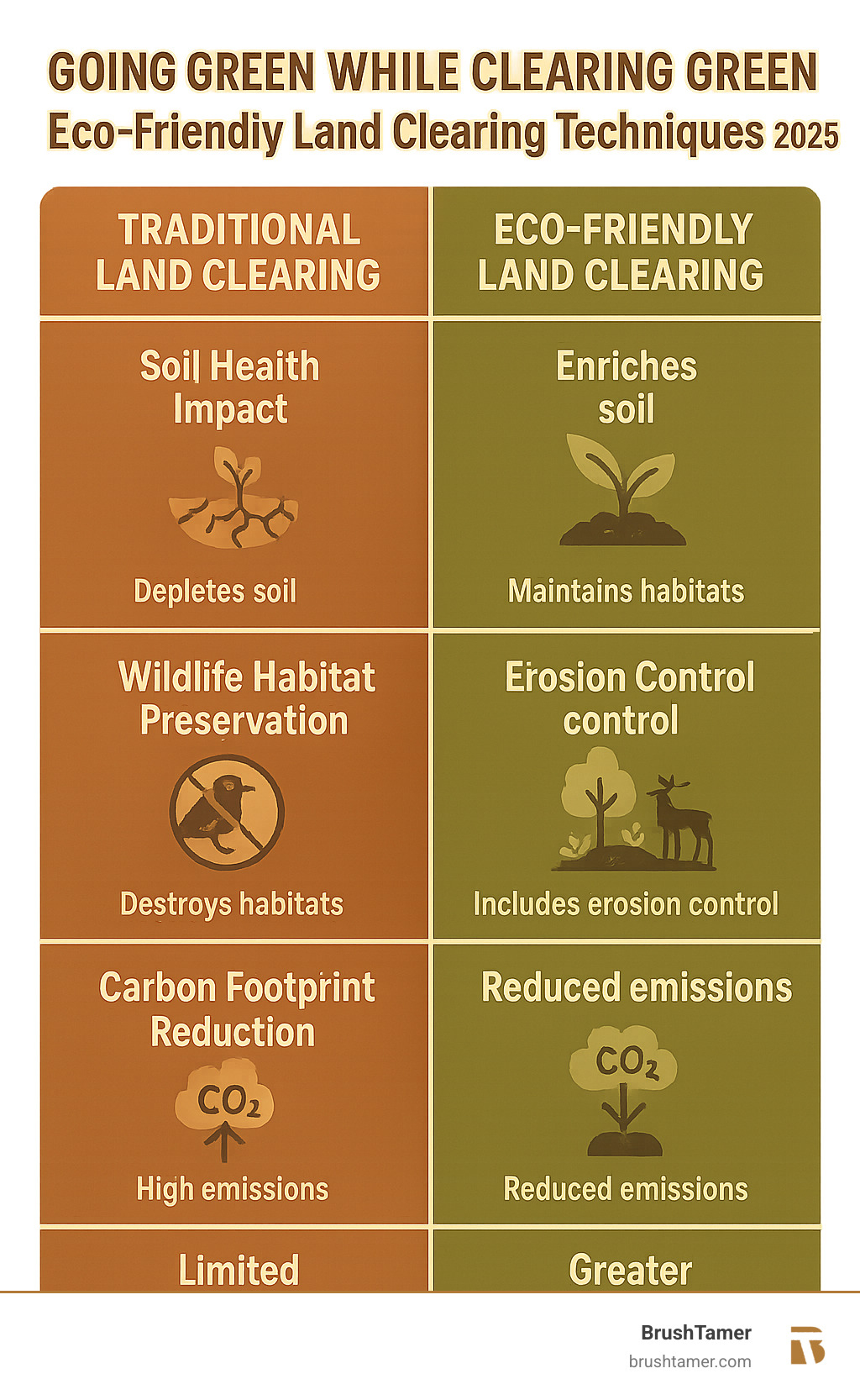 Comprehensive comparison of traditional vs eco-friendly land clearing methods showing soil health impact, wildlife habitat preservation, erosion control measures, carbon footprint reduction, and long-term sustainability benefits with visual icons and data points - environmentally friendly land clearing infographic  Comprehensive comparison of traditional vs eco-friendly land clearing methods showing soil health impact, wildlife habitat preservation, erosion control measures, carbon footprint reduction, and long-term sustainability benefits with visual icons and data points - environmentally friendly land clearing infographic