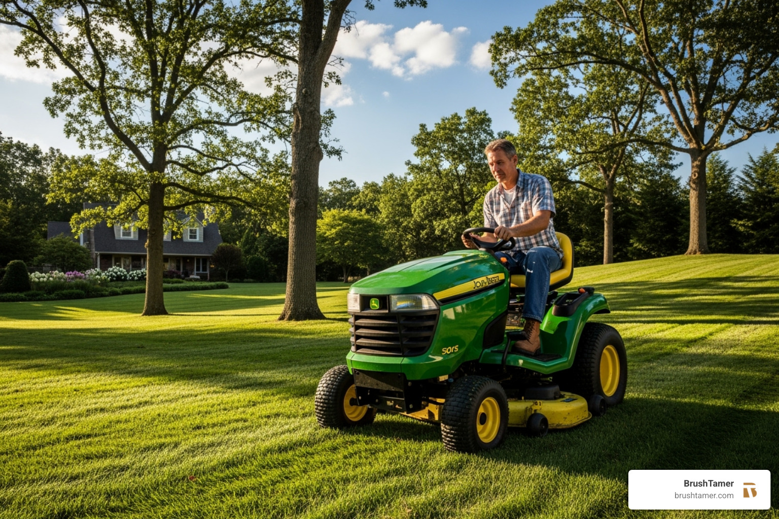 A person (male) safely operating a lawn tractor on a sloped lawn with trees - lawn tractor