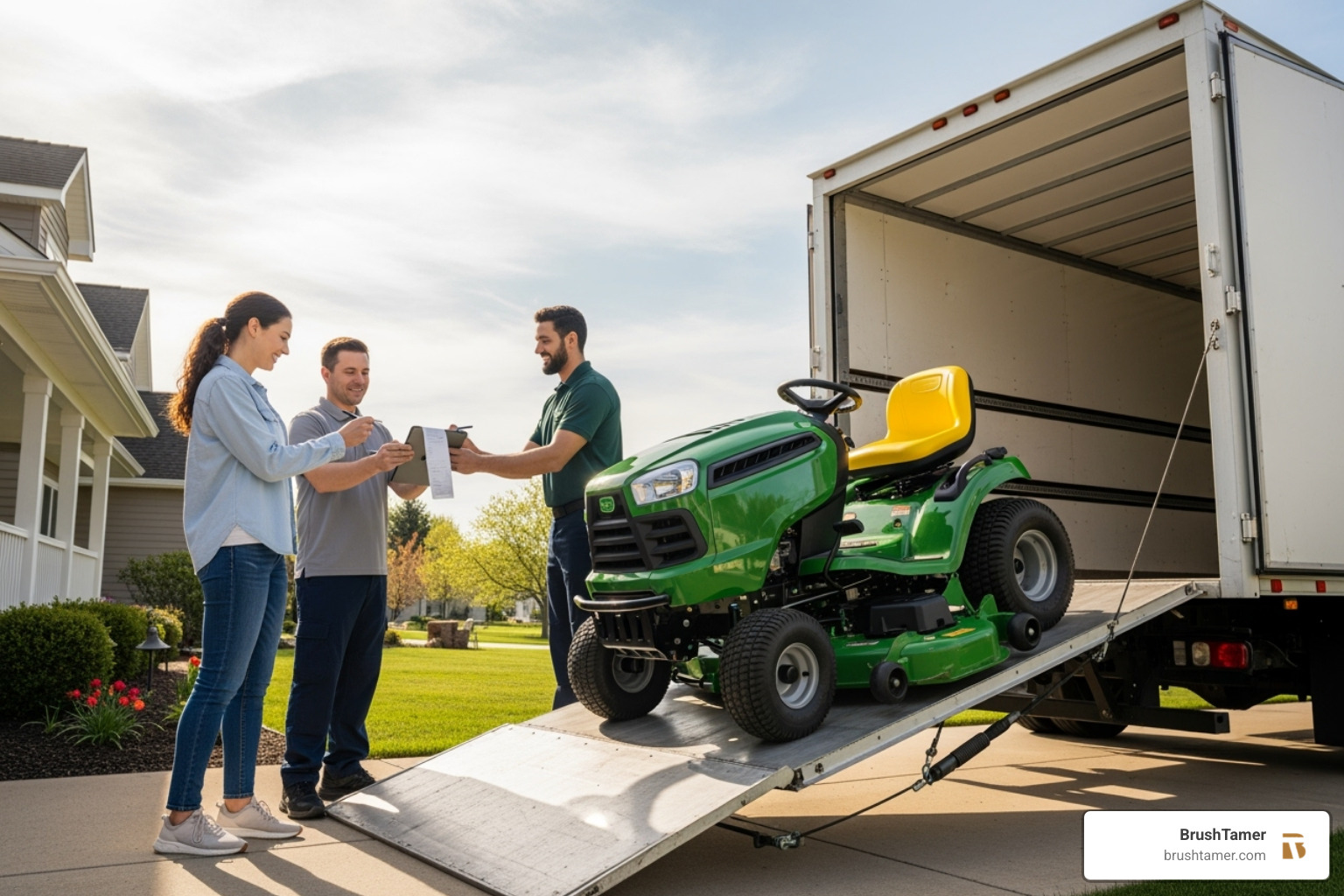 A person (female) happily accepting the delivery of a new lawn tractor to their home - lawn tractor