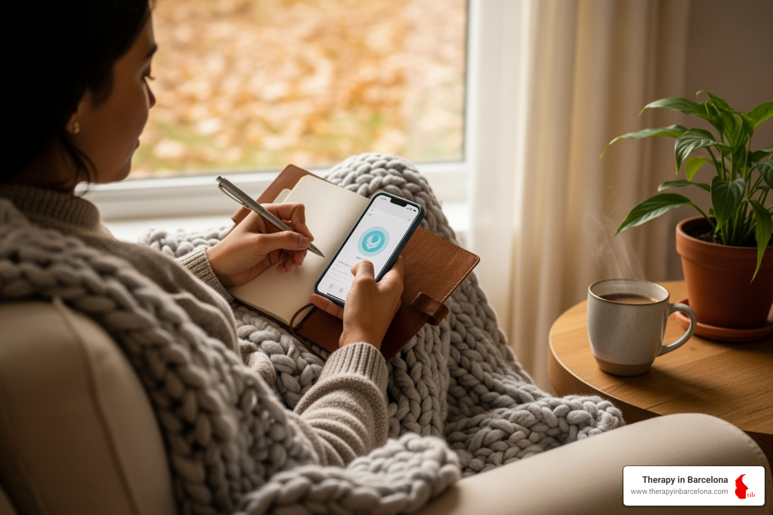 Image of a person writing in a journal or using a mindfulness app on their phone in a comfortable setting - CBT therapy for stress management