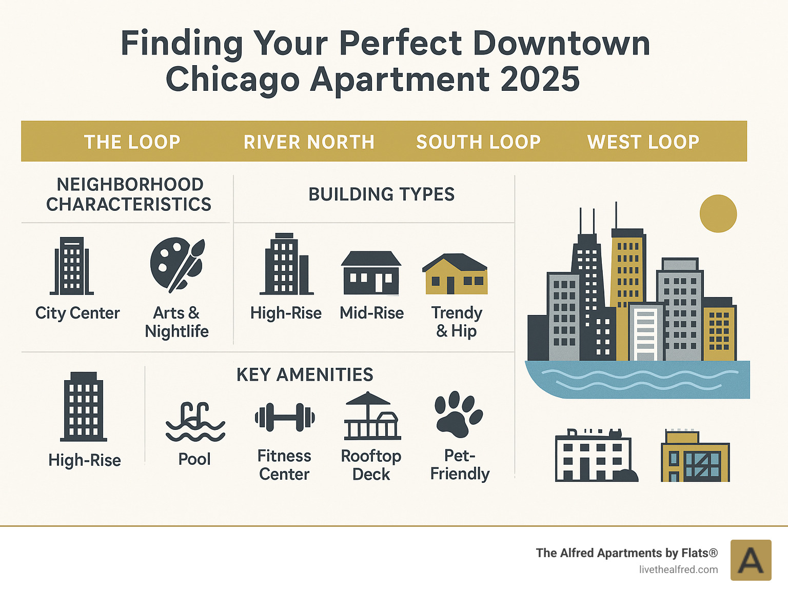 Downtown Chicago apartment hunting guide showing neighborhood characteristics, building types, and key amenities available in The Loop, River North, South Loop, and West Loop areas - apartments in downtown chicago infographic 