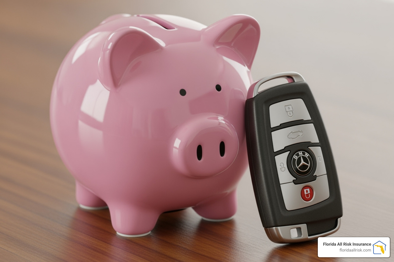 A piggy bank with a car key next to it, symbolizing savings on car insurance. - Online auto insurance quotes Florida