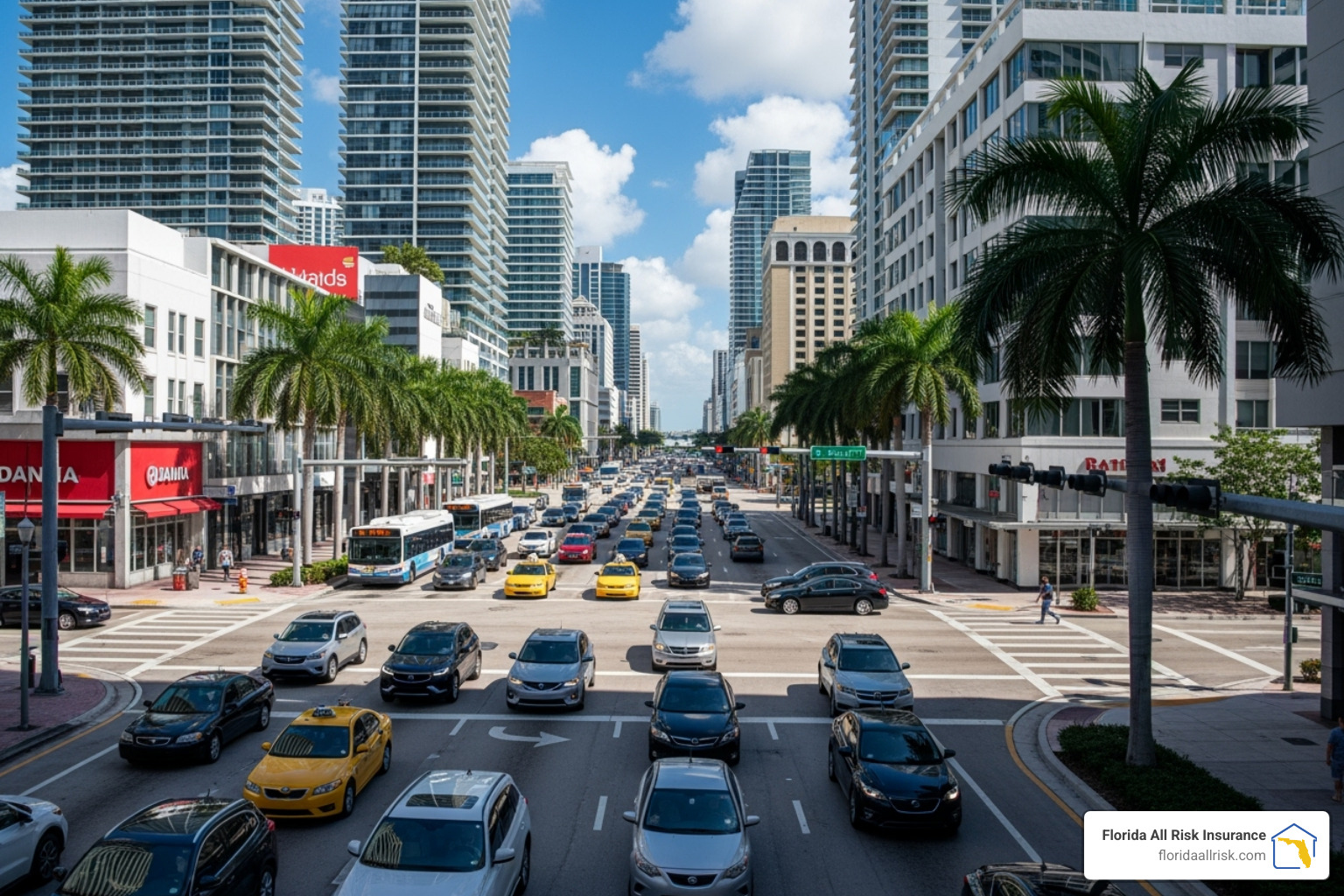 A busy intersection in downtown Miami, Florida, with heavy traffic and palm trees. - Online auto insurance quotes Florida