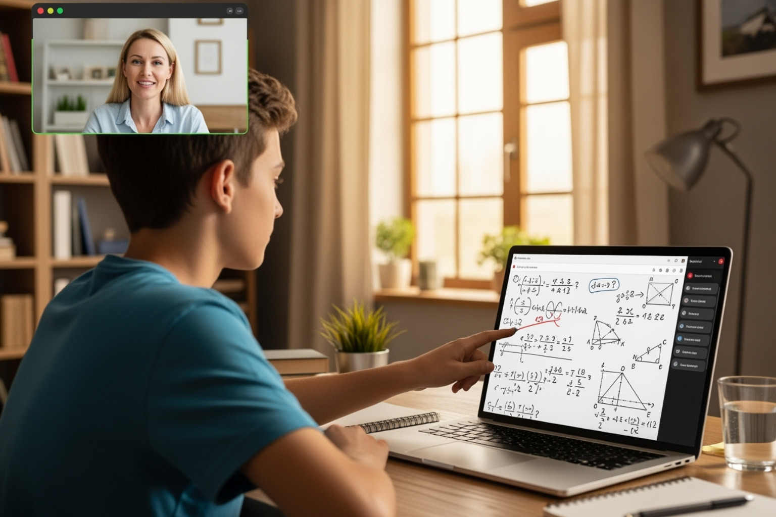 Interactive online tutoring session showing a virtual whiteboard with math problems - private teacher online