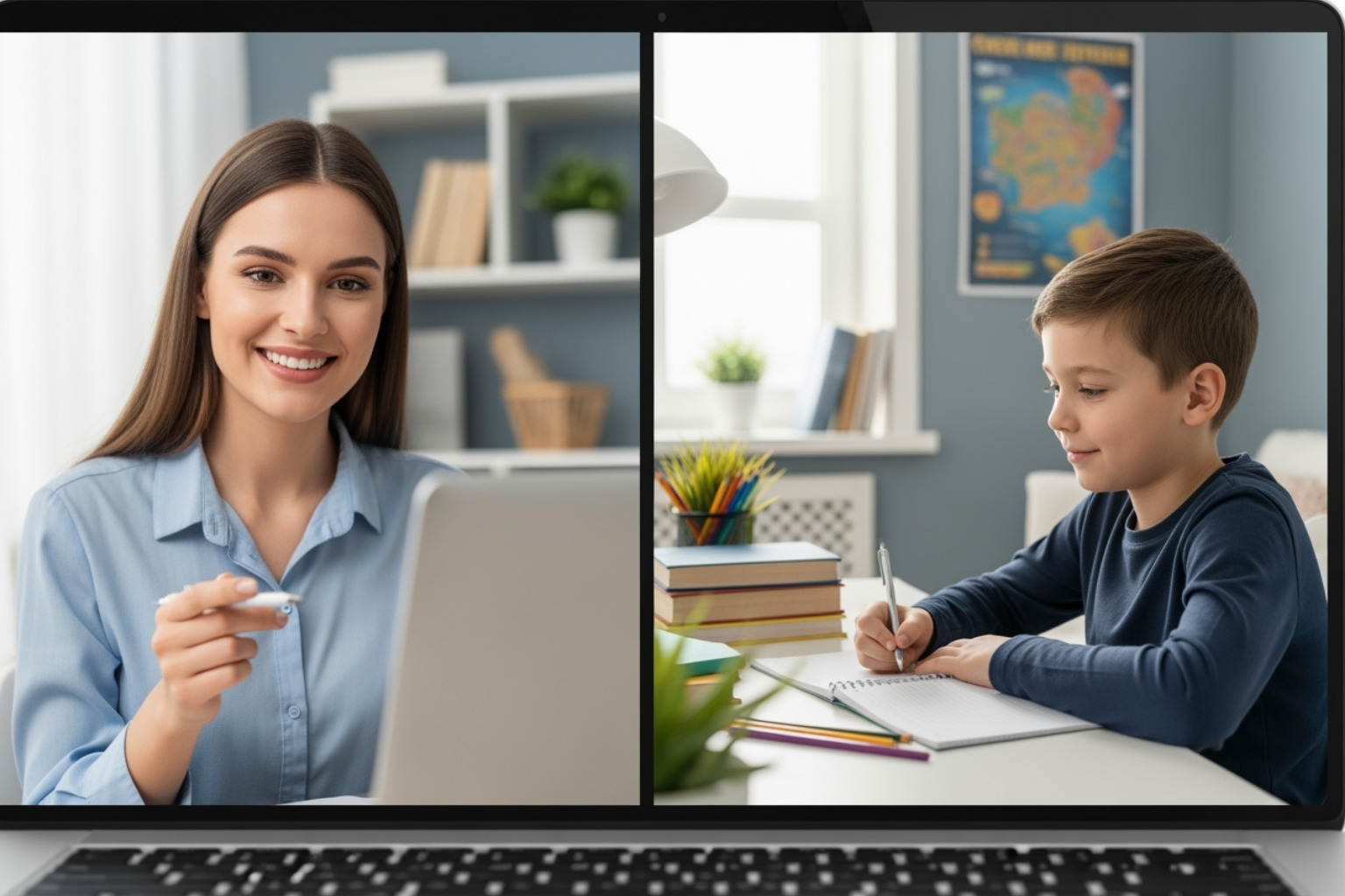 Happy student and parent looking at a report card on a laptop - private teacher online