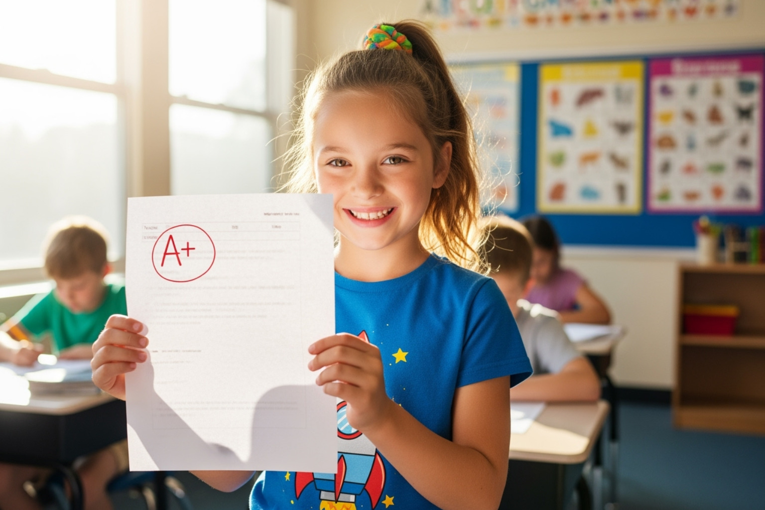 a happy student showing a good grade on a test - adhd math tutor a happy student showing a good grade on a test - adhd math tutor