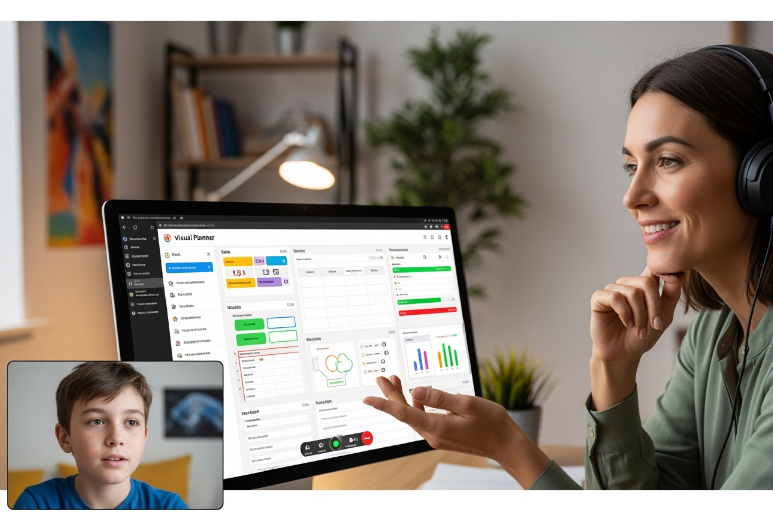 Online tutor guiding a student through a visual planner - tutoring for adhd