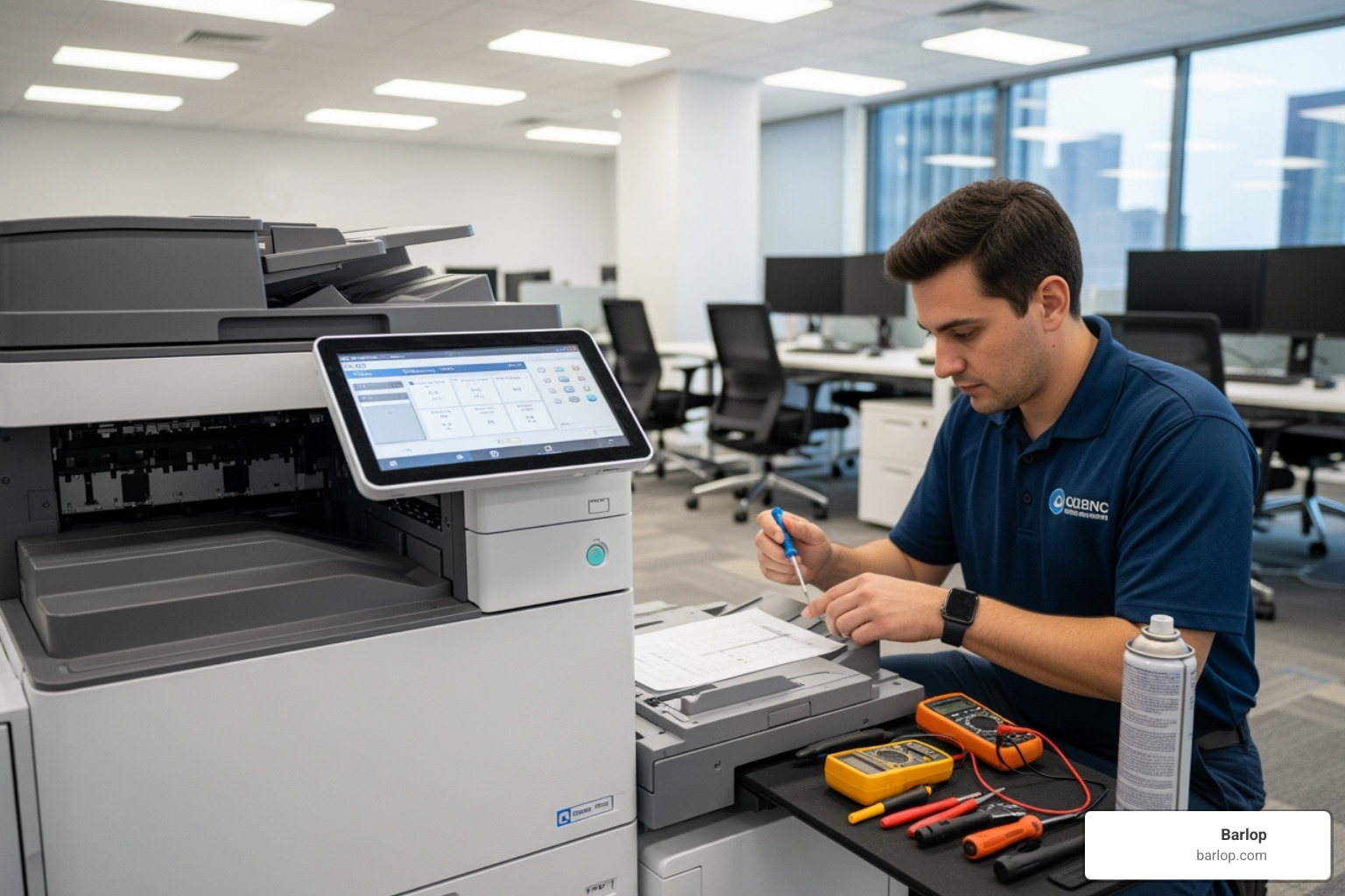 Technician servicing a modern multifunction copier in an office setting - Copier Leases