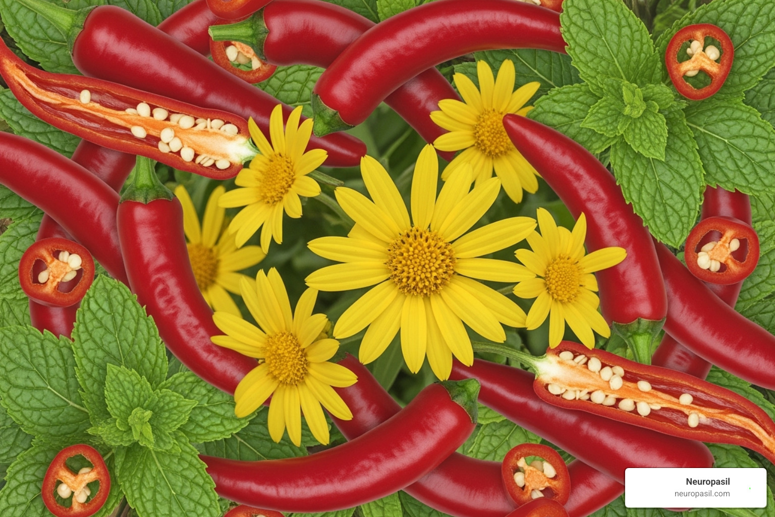 A collage of natural ingredients commonly found in muscle ache creams, including arnica flowers, chili peppers (capsaicin), and mint leaves (menthol) - muscle ache cream A collage of natural ingredients commonly found in muscle ache creams, including arnica flowers, chili peppers (capsaicin), and mint leaves (menthol) - muscle ache cream
