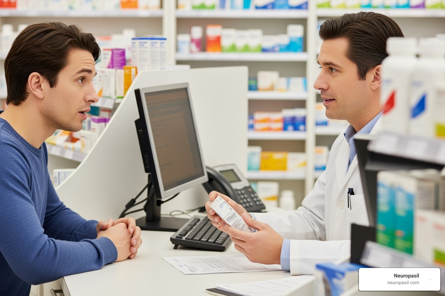 A person with a concerned expression consulting a pharmacist at a counter, discussing medication or symptoms - muscle ache cream A person with a concerned expression consulting a pharmacist at a counter, discussing medication or symptoms - muscle ache cream