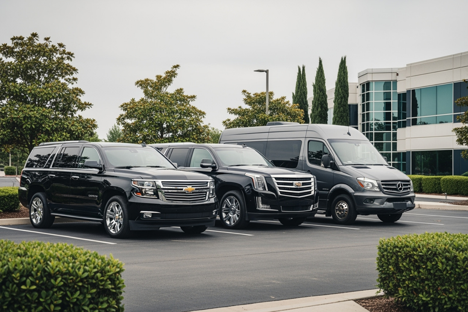 A fleet of vehicles including a Suburban, Escalade, and Sprinter van - private car service cabo san lucas