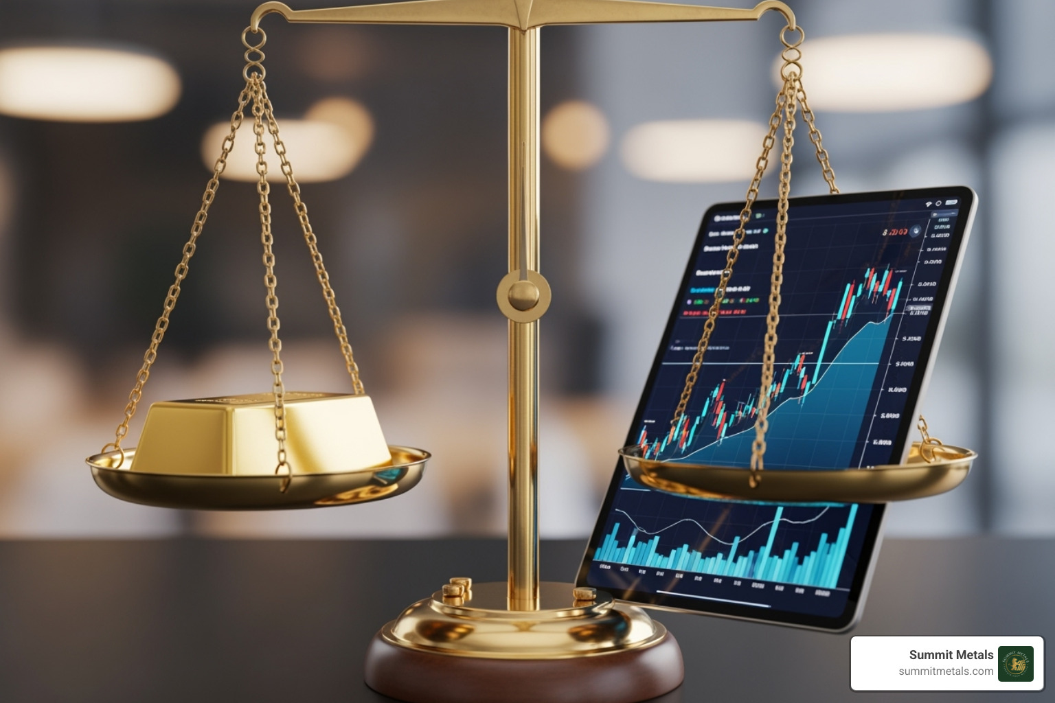 Image of scales balancing a gold bar against a stock chart - IRA gold investment