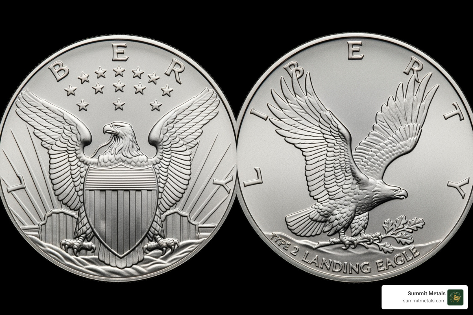 Image comparing the Type 1 Heraldic Eagle and the Type 2 Landing Eagle reverse designs side-by-side - american eagle dollars
