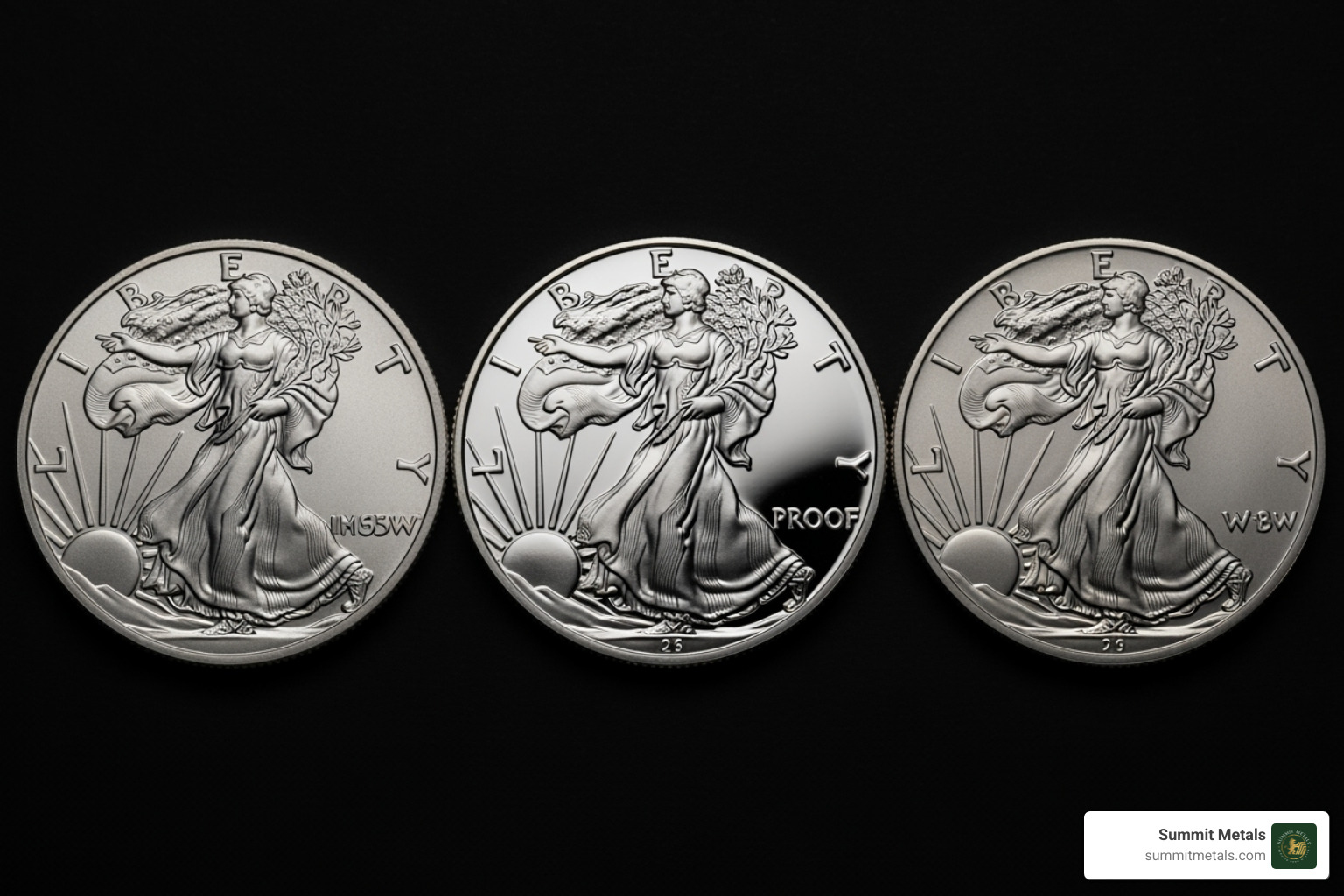 Image showcasing the three main types of Silver Eagles: Bullion, Proof, and Burnished - american eagle dollars