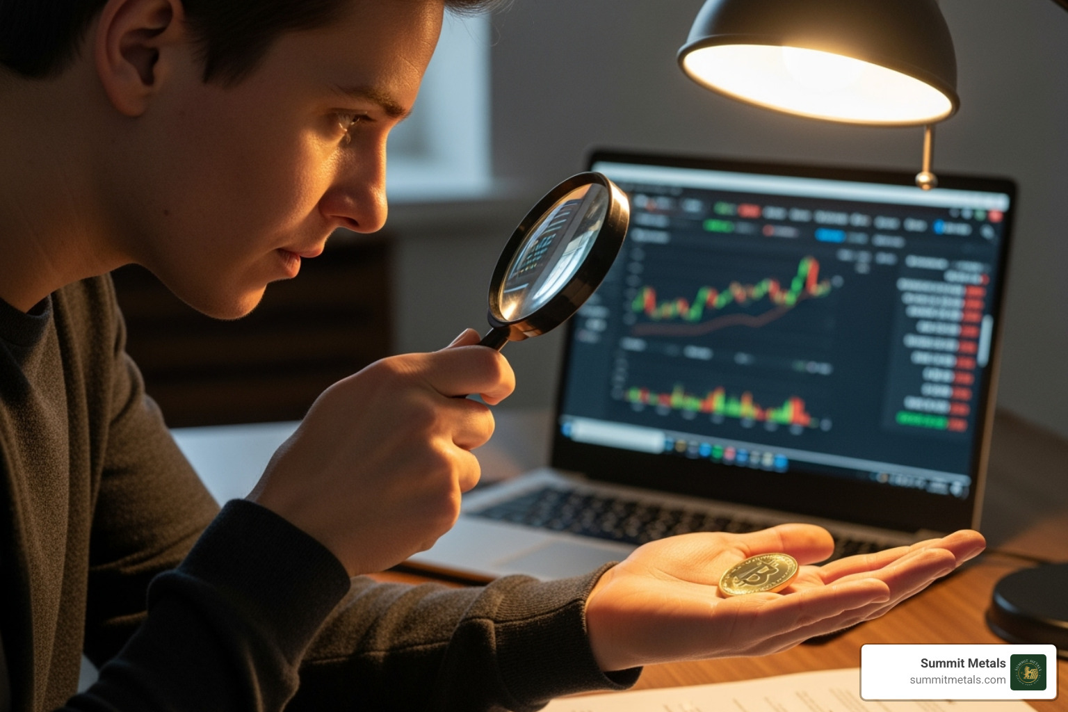 person examining a gold coin with a magnifying glass, with a laptop open to a portfolio dashboard in the background - Gold investment strategy
