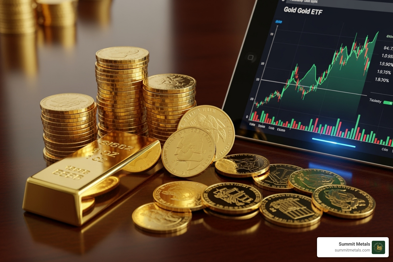 collection of gold coins, a 1 oz gold bar, and a tablet displaying a gold ETF chart - Gold investment strategy