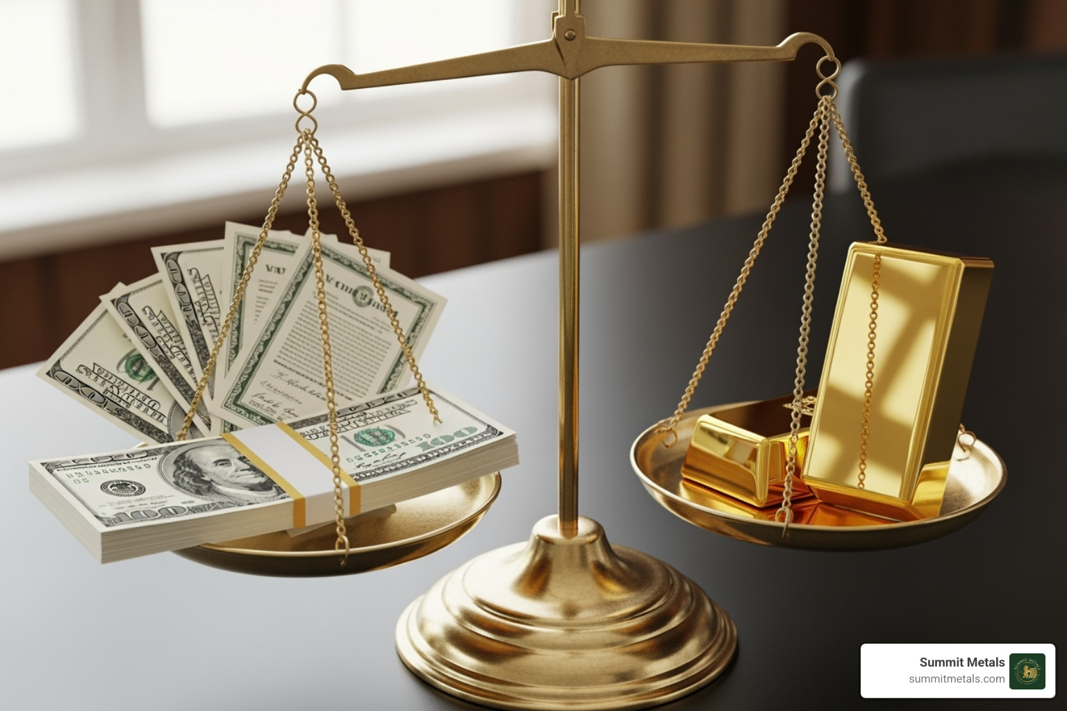 balanced scale with stocks and bonds on one side and a gold bar on the other - Gold investment strategy