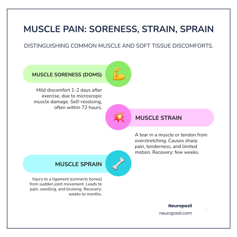 Infographic showing the differences between muscle soreness (mild discomfort from exercise), muscle strain (partial tear from overstretching), and muscle sprain (ligament injury from joint movement), with visual indicators of pain levels and typical recovery times - muscle pain relief infographic infographic-line-3-steps-colors Infographic showing the differences between muscle soreness (mild discomfort from exercise), muscle strain (partial tear from overstretching), and muscle sprain (ligament injury from joint movement), with visual indicators of pain levels and typical recovery times - muscle pain relief infographic infographic-line-3-steps-colors