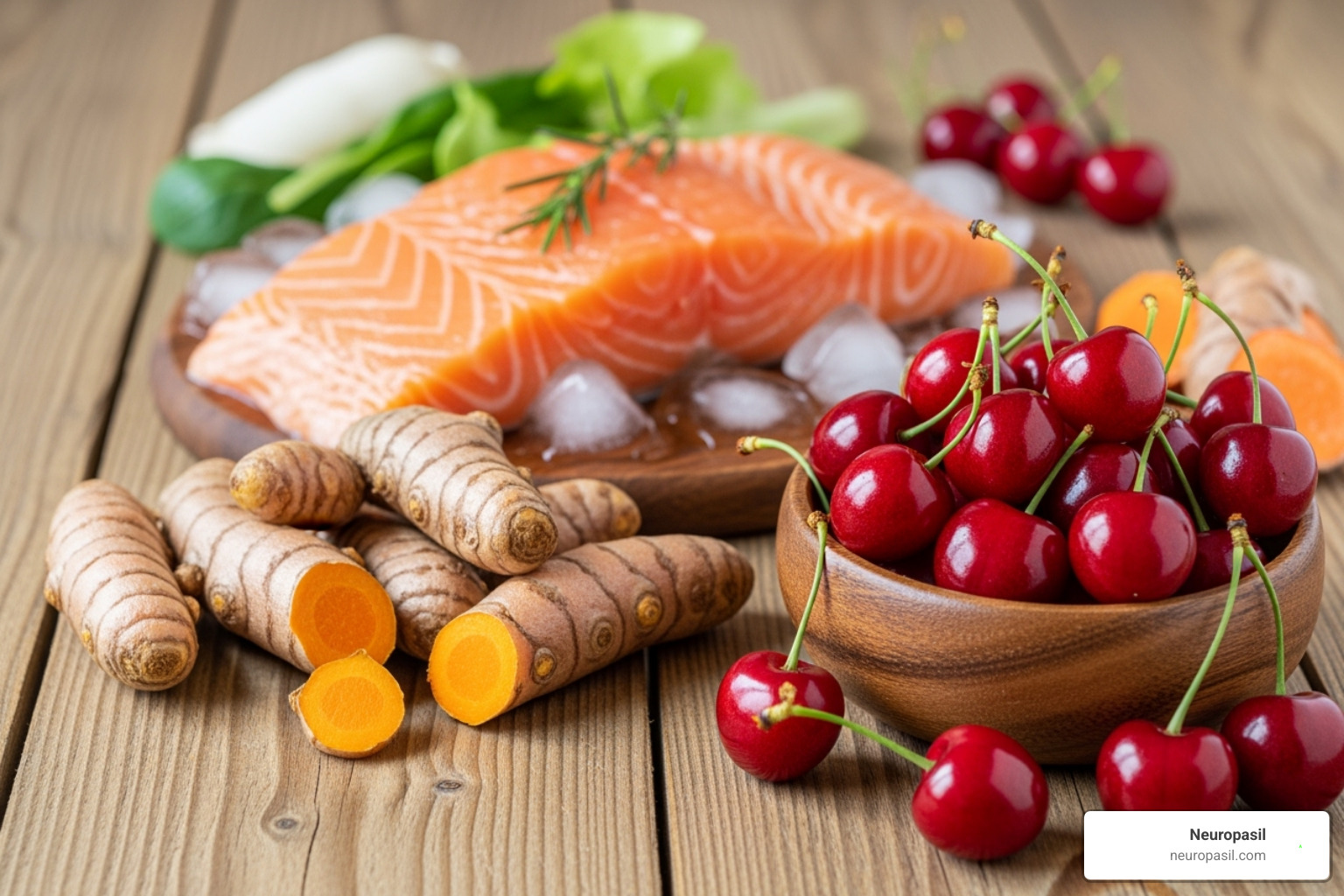 healthy foods like fatty fish, turmeric root, and cherries - muscle pain relief healthy foods like fatty fish, turmeric root, and cherries - muscle pain relief