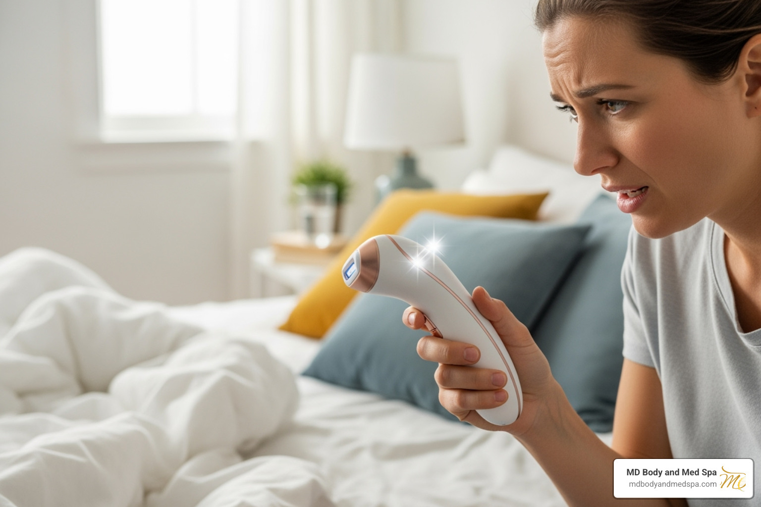 person looking frustrated with an at-home device - best at home laser hair removal for blonde hair
