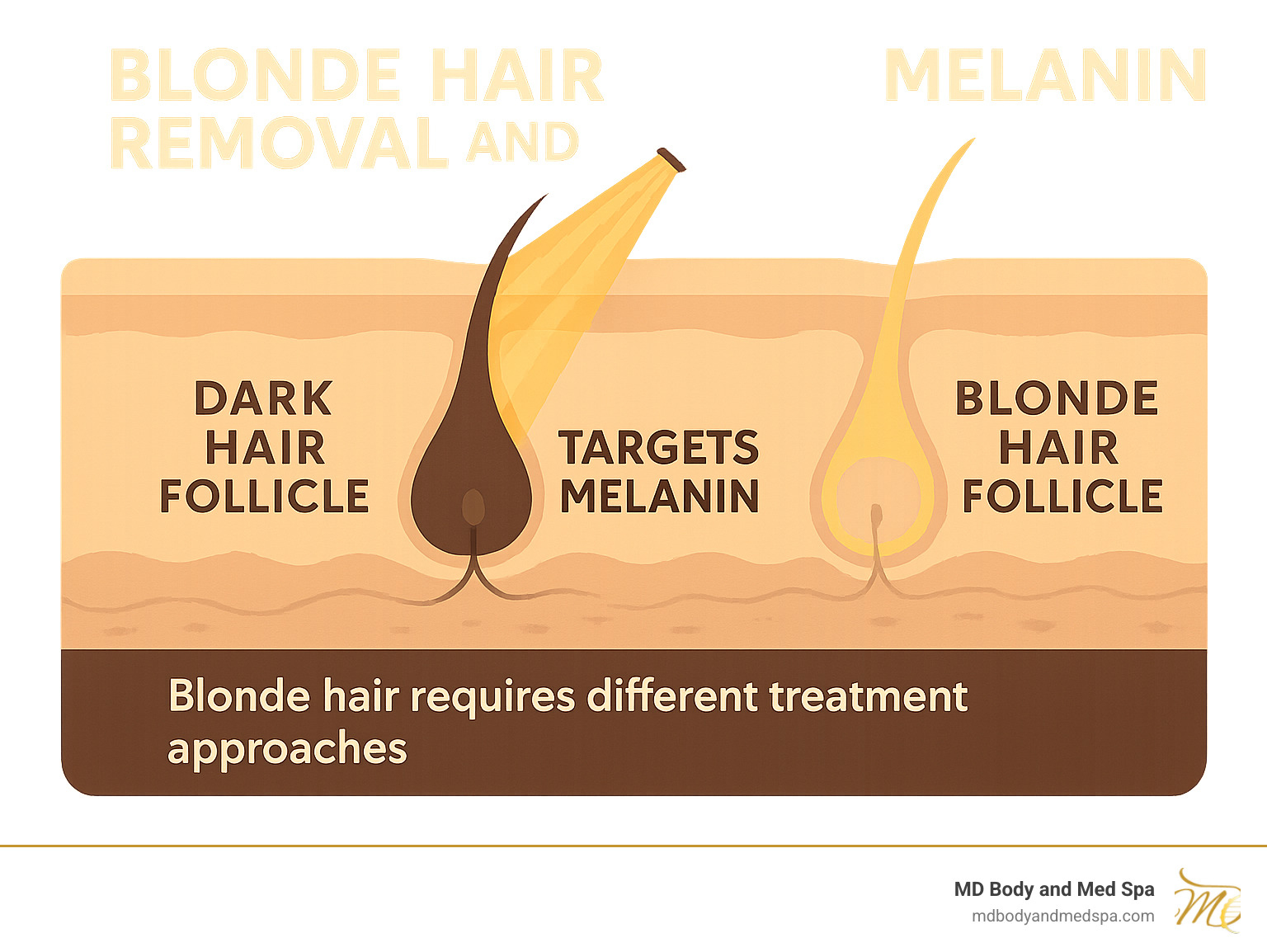 Infographic showing how laser hair removal targets melanin in dark hair follicles versus the limited melanin content in blonde hair follicles, illustrating why blonde hair requires different treatment approaches - best at home laser hair removal for blonde hair infographic 