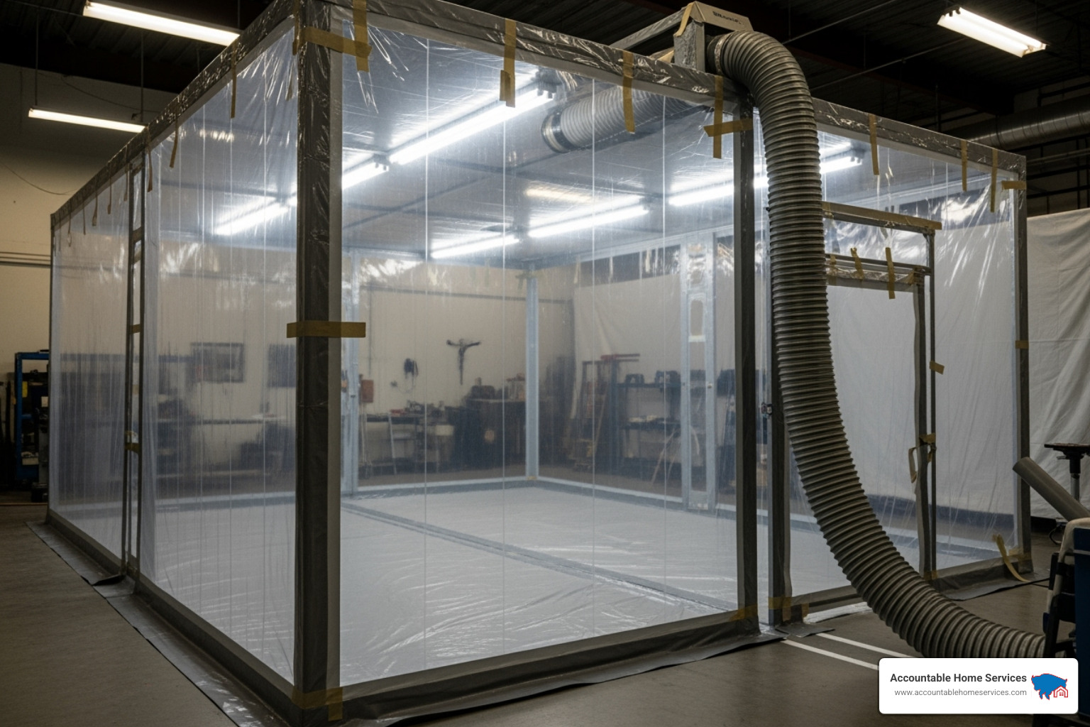 of a fully sealed containment area with plastic sheeting and a negative air machine hose visible. - asbestos abatement process