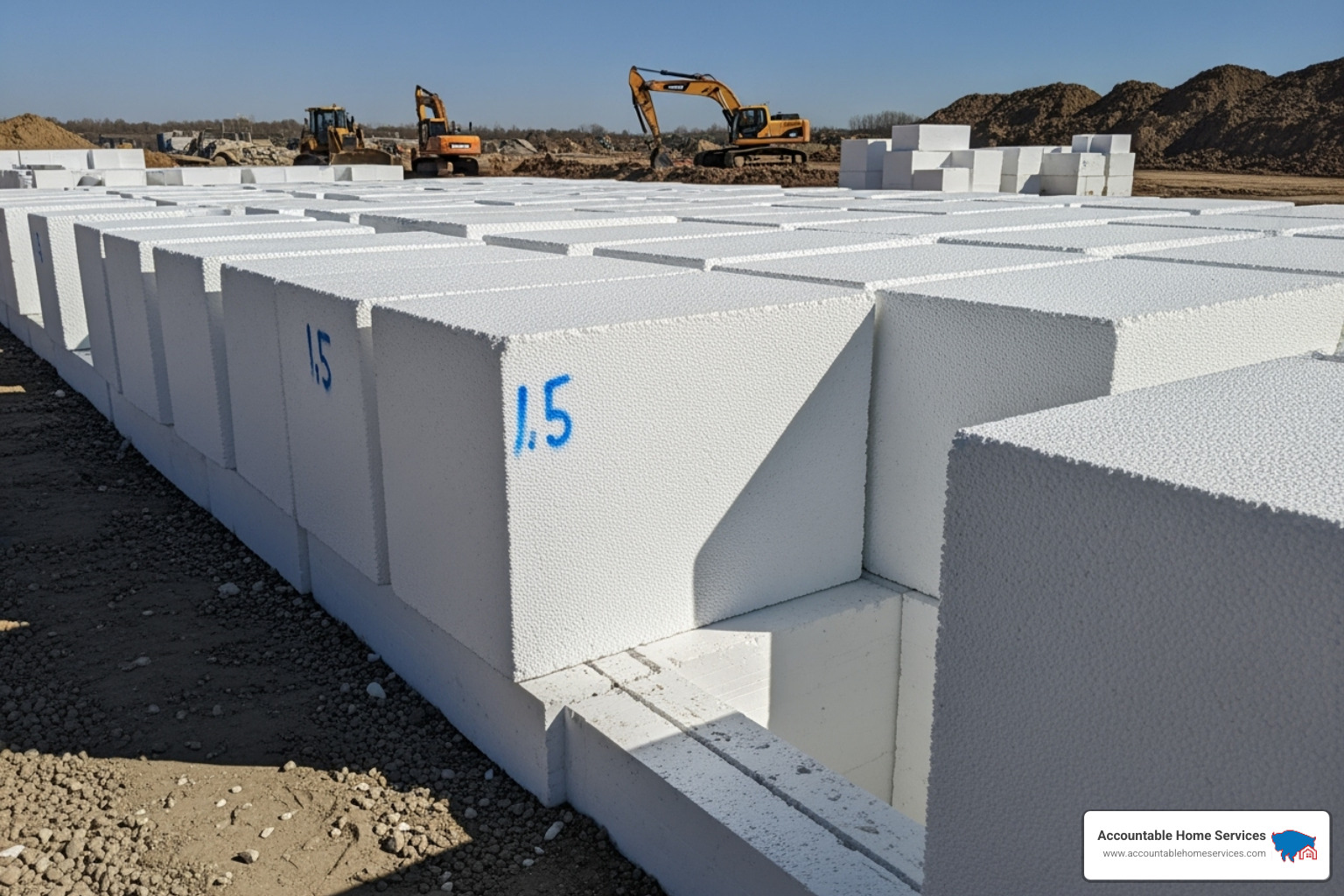large white EPS geofoam blocks on a construction site - industrial builders foam