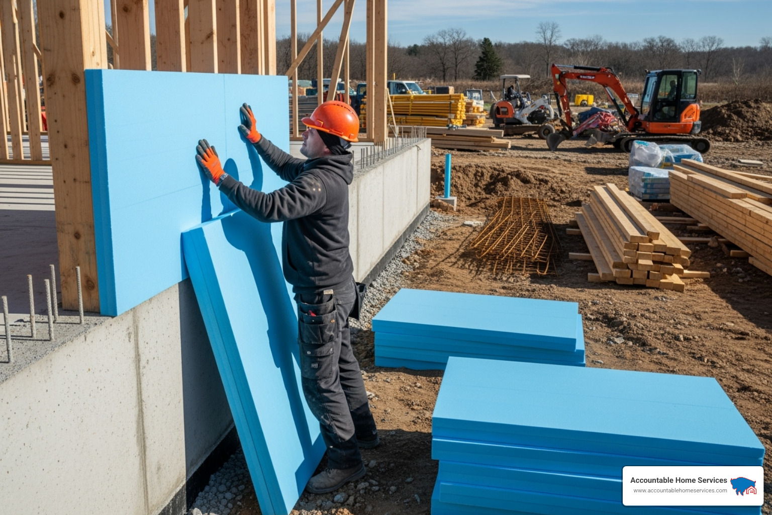 rigid XPS foam boards being installed on a foundation wall - industrial builders foam