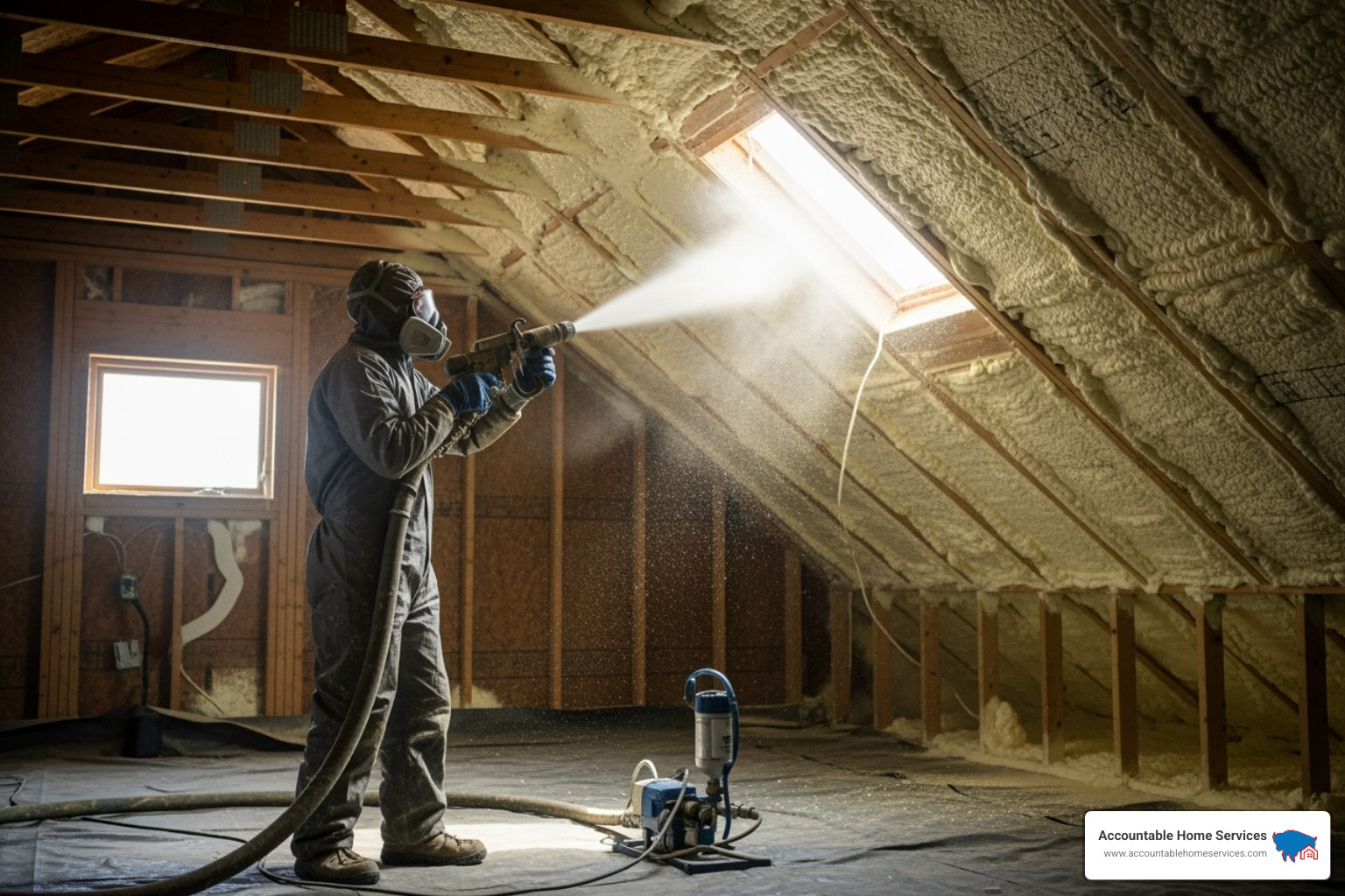 a professional applying spray polyurethane foam in an attic - industrial builders foam