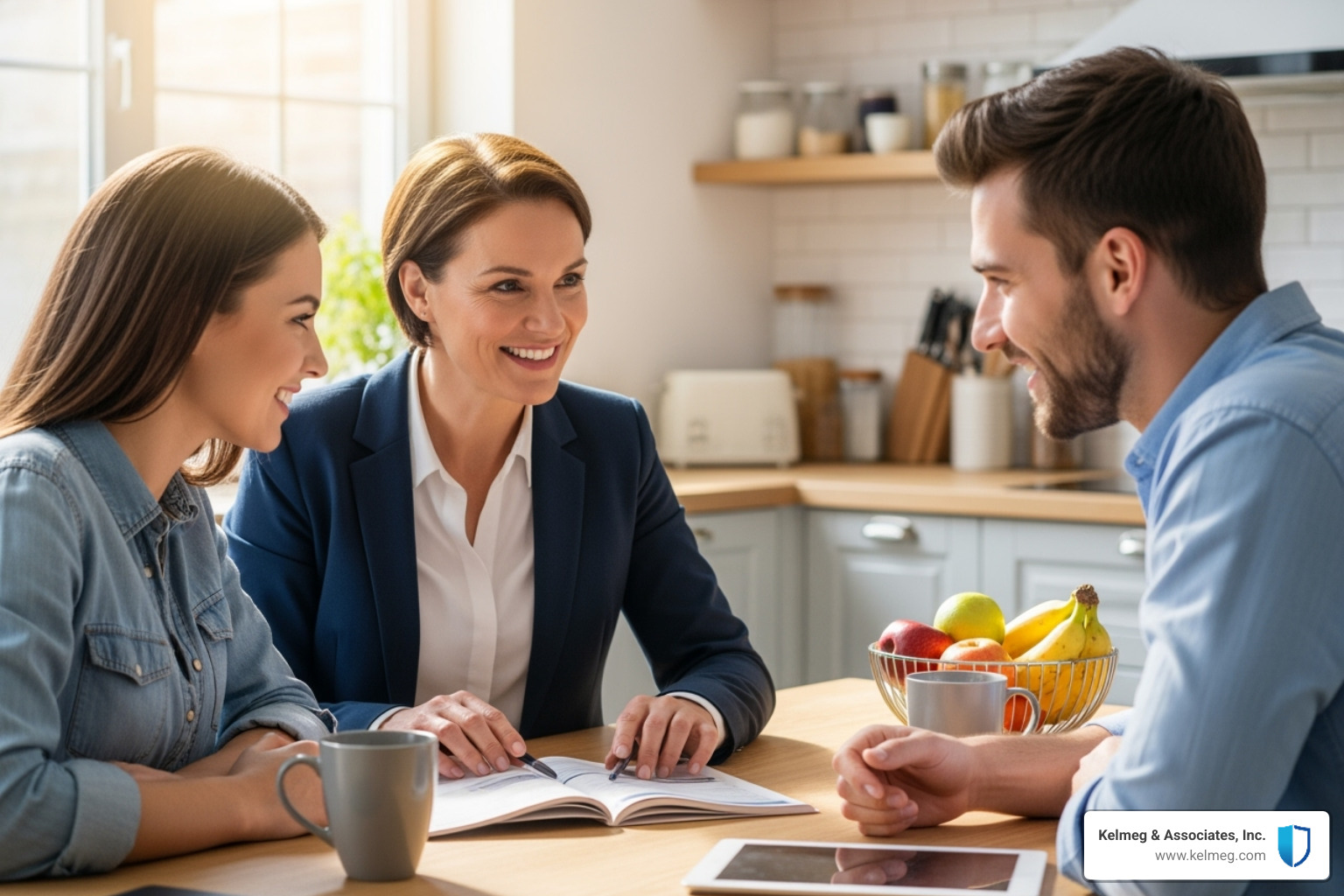 Friendly insurance broker meeting with a couple at their kitchen table - Family insurance Colorado Friendly insurance broker meeting with a couple at their kitchen table - Family insurance Colorado