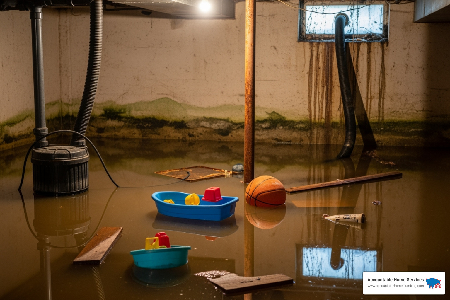 flooded basement with a sump pump visible - Thornton plumbing services